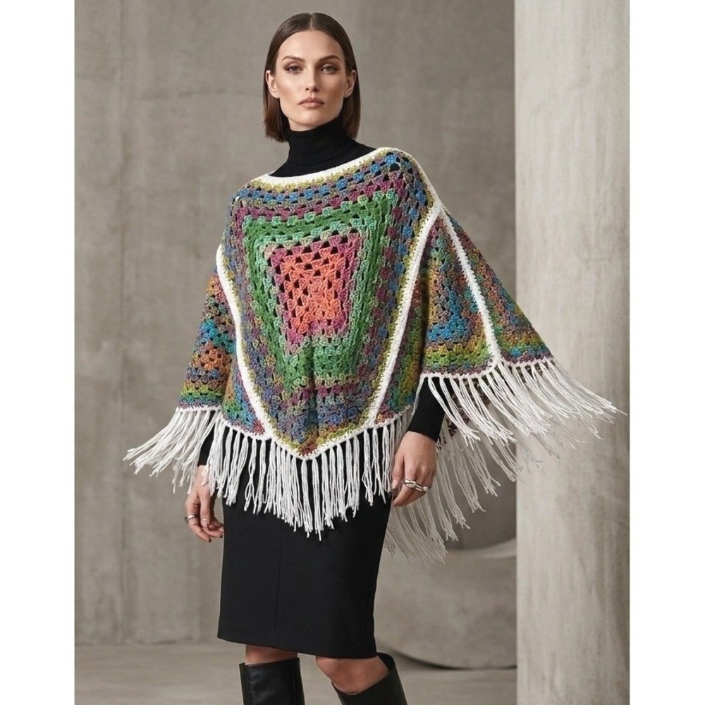 Handmade Crochet Poncho OS Multi-Color Granny Square Fringe Boho Wrap Festival